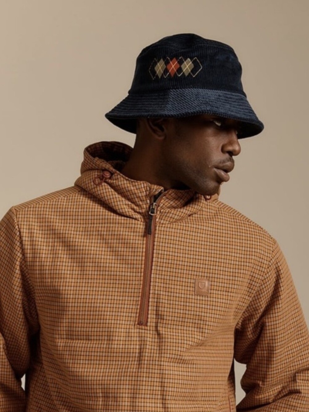 Brixton Gramercy Packable Bucket Hat Washed Navy Corduroy Embroidered Argyle S/M